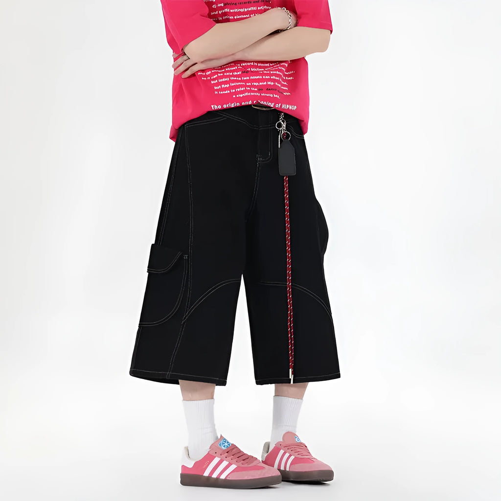 Retro denim workwear shorts with wide leg cut and multiple pockets in red colour