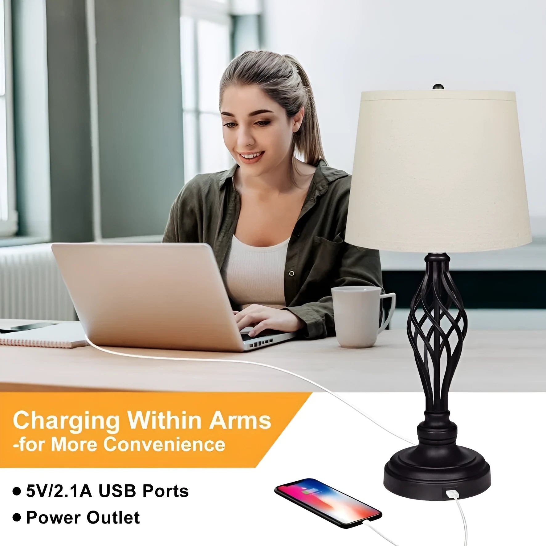 Silver alloy bedside table lamp with touch controls and USB charging port on base
