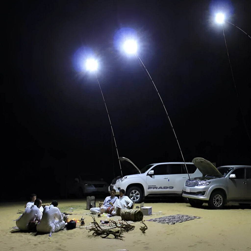 White LED fishing rod light with telescopic pole and remote control on a 12V battery for outdoor use
