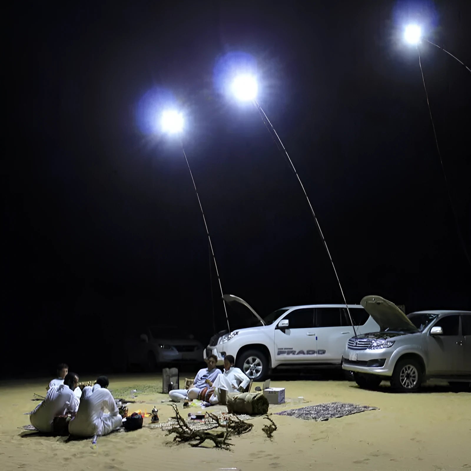 White LED fishing rod light with telescopic pole and remote control on a 12V battery for outdoor use