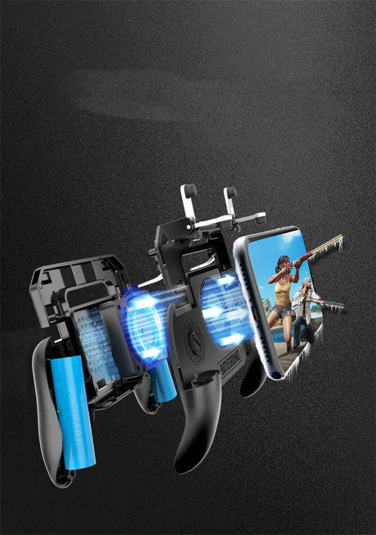 Black USB mobile game controller for smartphones with aluminium alloy accents and action buttons.