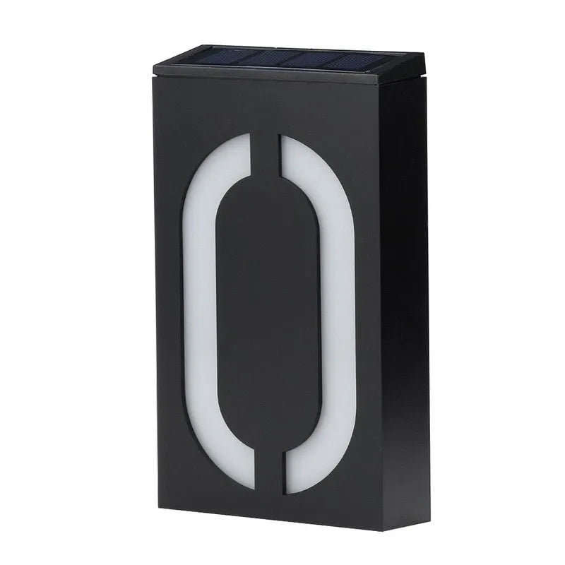 Solar powered house number light with LED illumination and waterproof housing for outdoor installation