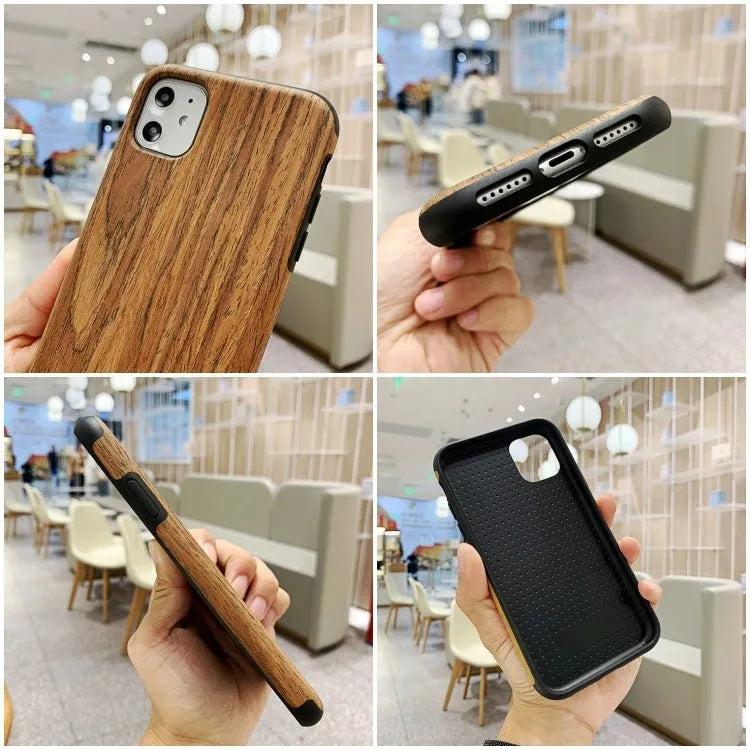 Wooden iPhone case showing rosewood, teak, black rose and walnut finish options with simple back cover design