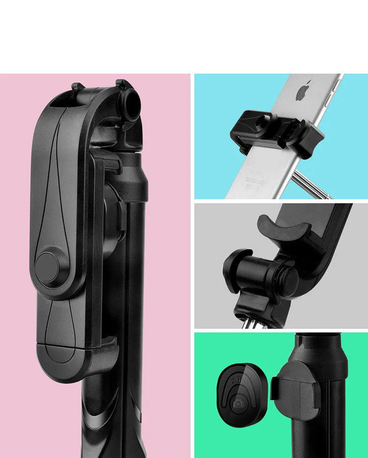 Black Bluetooth selfie tripod with extended stand and 360-degree rotating phone clip attached to an iPhone.