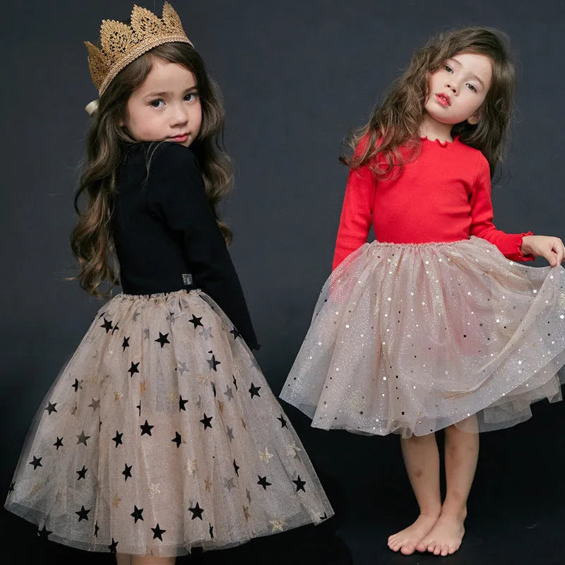 Children's long sleeve cotton Christmas princess dress in red with lace and bow details