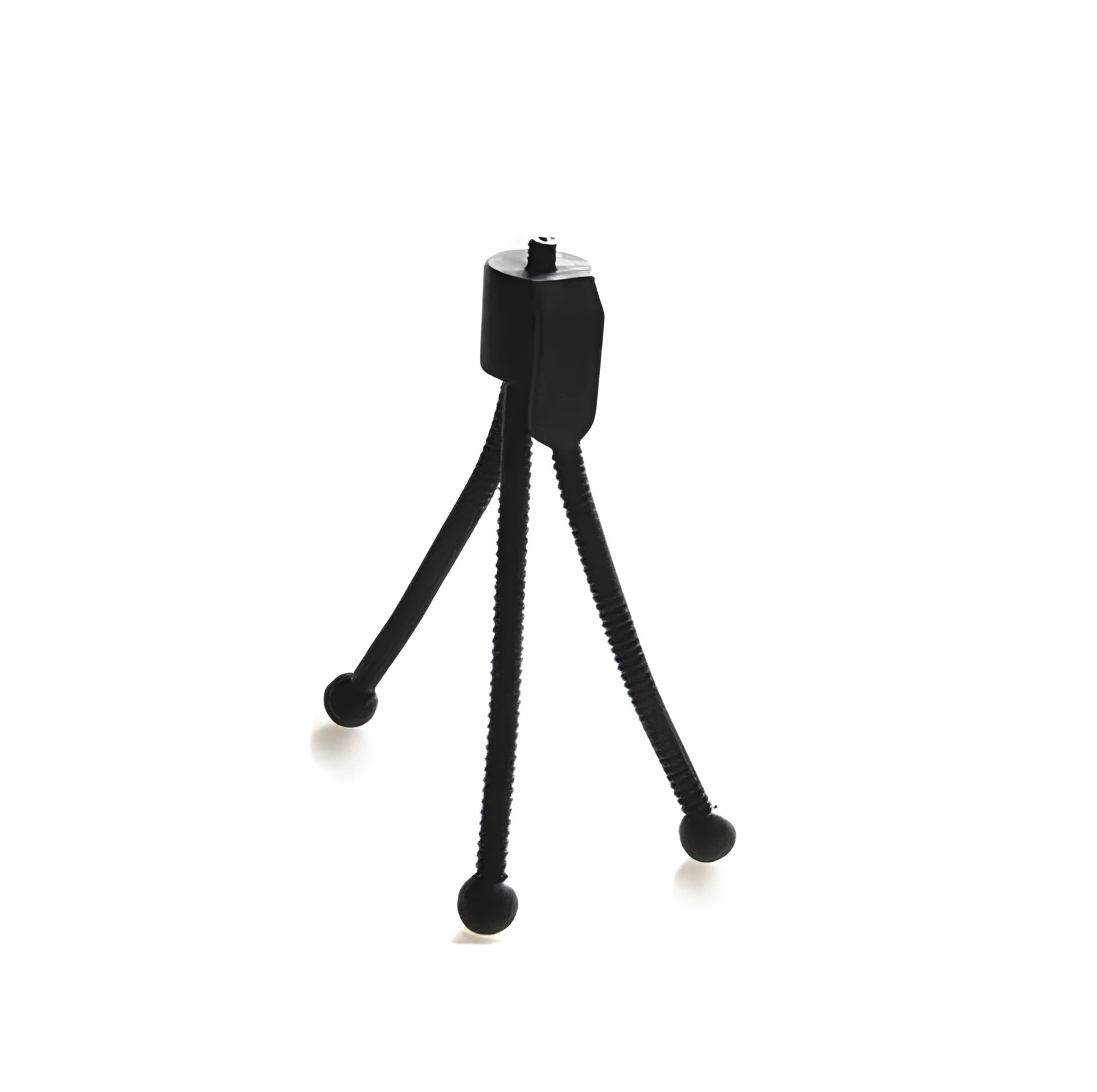 Small black iron frame mini tripod with ball head, shown collapsed to 110mm next to a mobile phone.