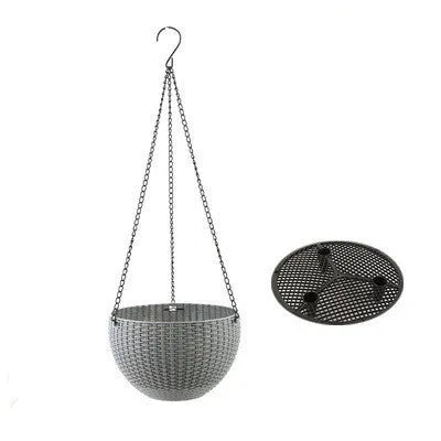 Plastic hanging basket with chain and inner pot in one of seven colours.