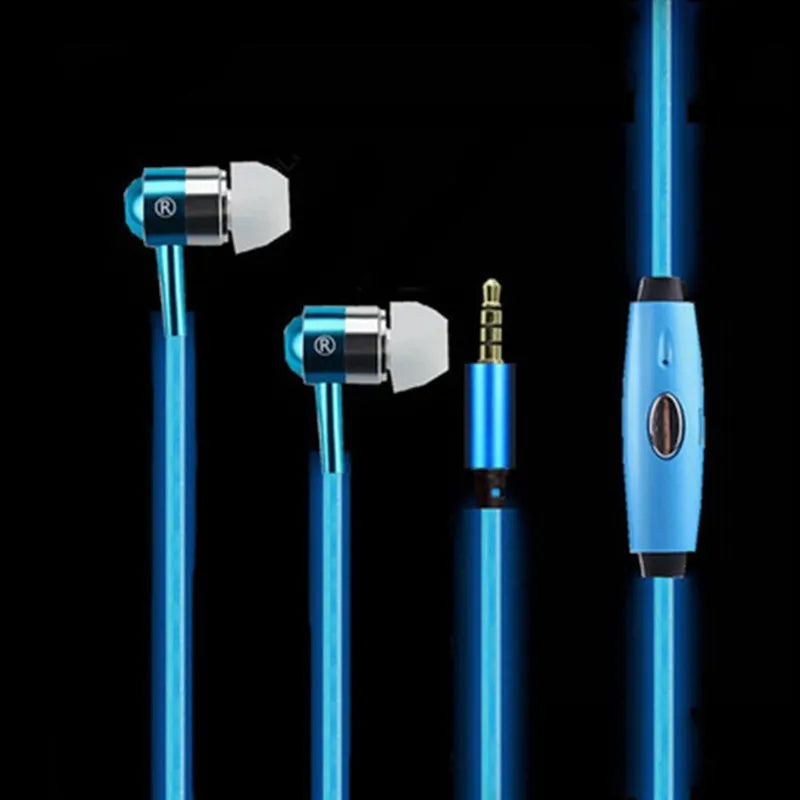Blue light-up LED earphones with aluminium shells, remote control, and 3.5mm plug on a white background.