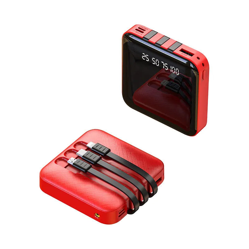 Black and red portable power bank with integrated charging cable, showing 10000mAh and 20000mAh options.