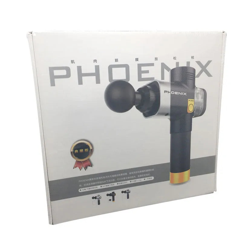 Black and silver deep tissue massage gun with four interchangeable heads on a grey background