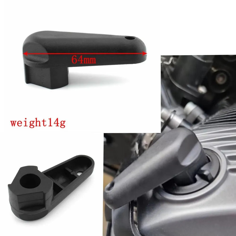 Black nylon quick release wrench for BMW motorcycle engine oil cap, shown with packaging.