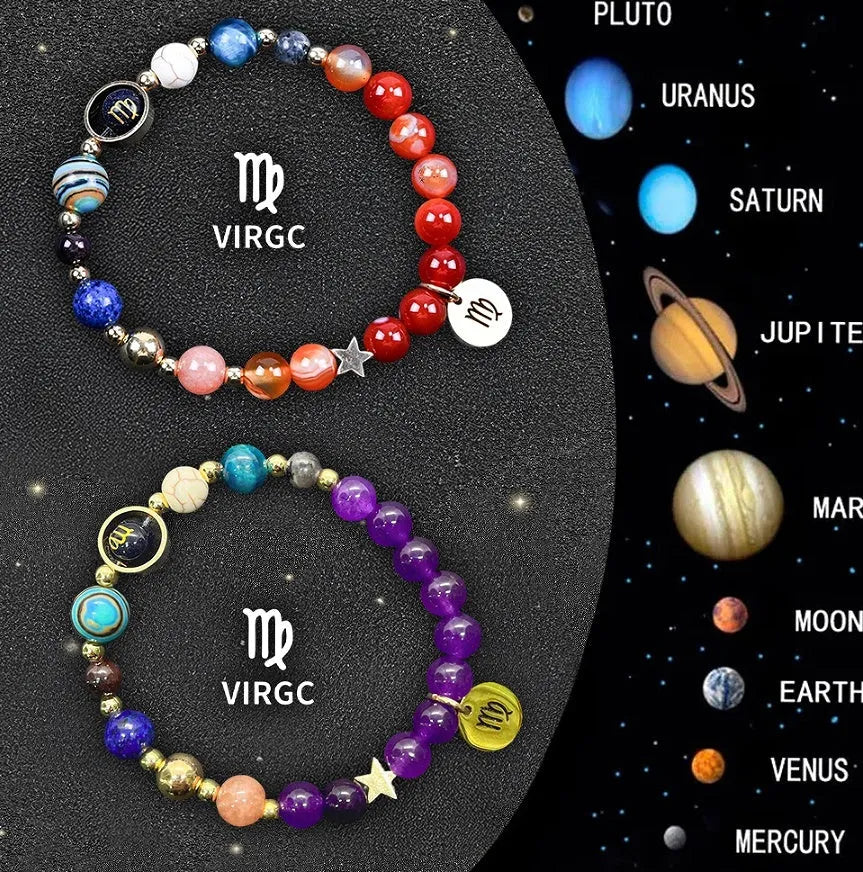 Two natural stone beaded bracelets with zodiac charms on a stretch elastic cord