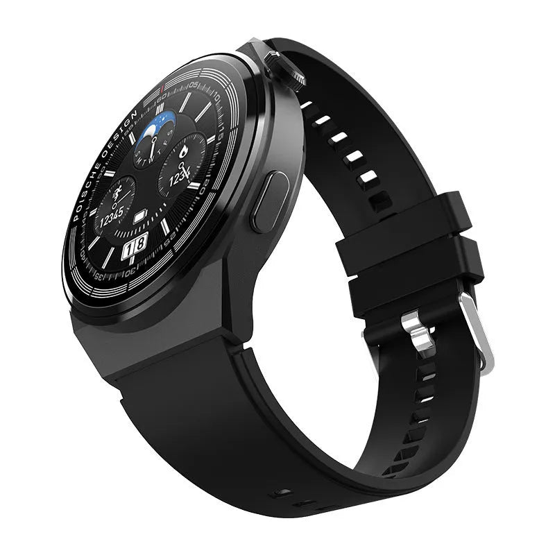Circular smartwatch with tempered glass screen and silicone strap for Bluetooth calls and NFC payments