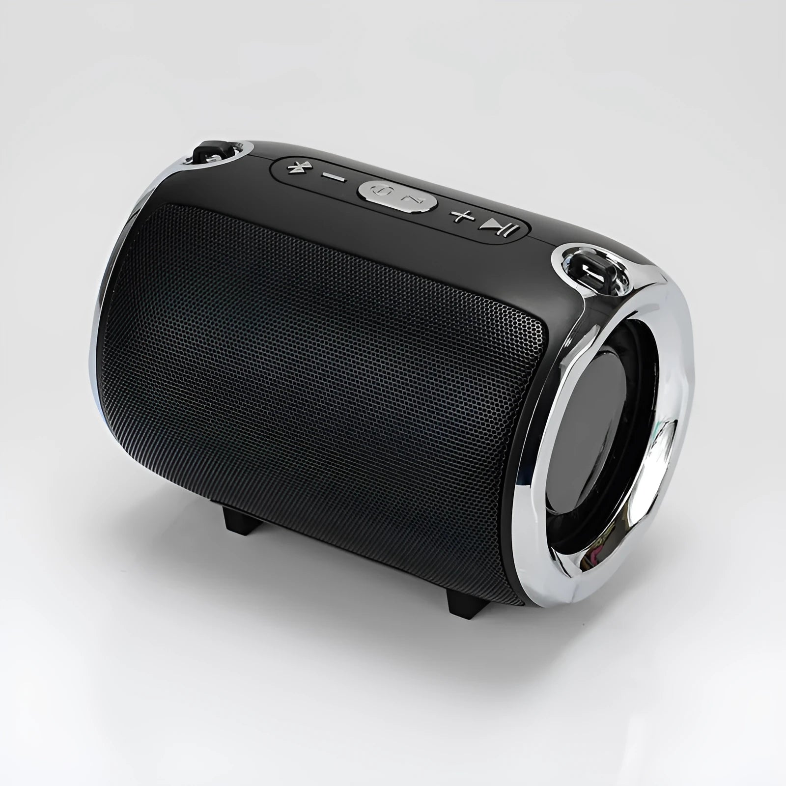 Portable plug-in subwoofer sound system in a metal shell showing button controls and available in five colours.