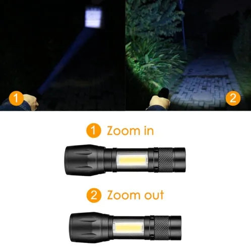 Black aluminium alloy telescopic LED flashlight with pocket clip, shown zoomed in and out.