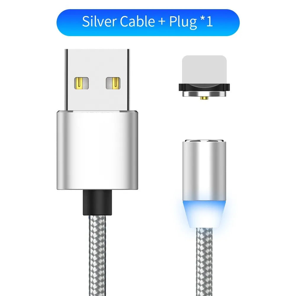 1 metre cotton braided magnetic charging cable with LED light and aluminium connectors