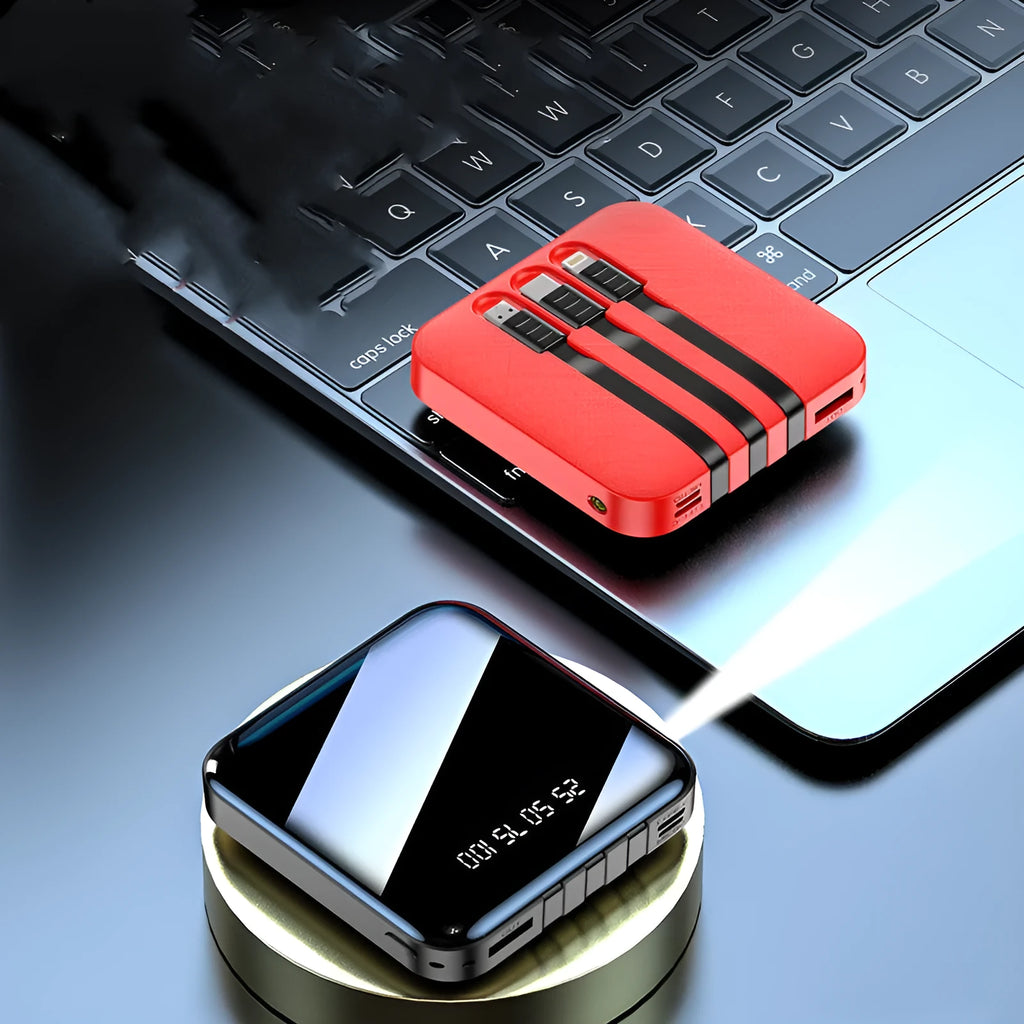 Black and red portable power bank with integrated charging cable, showing 10000mAh and 20000mAh options.