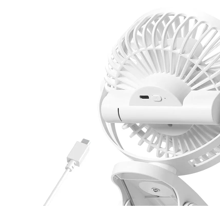 USB mini clip fan in white with 165mm fan head clamped onto a desk edge