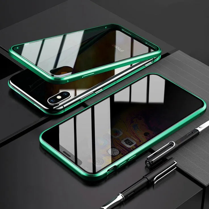 Black anti-peeping magnetic clamshell phone case for Samsung Galaxy phone, showing closed design.