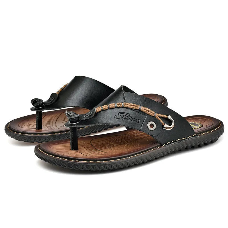 Men's casual non-slip slippers in black PU leather showing size options
