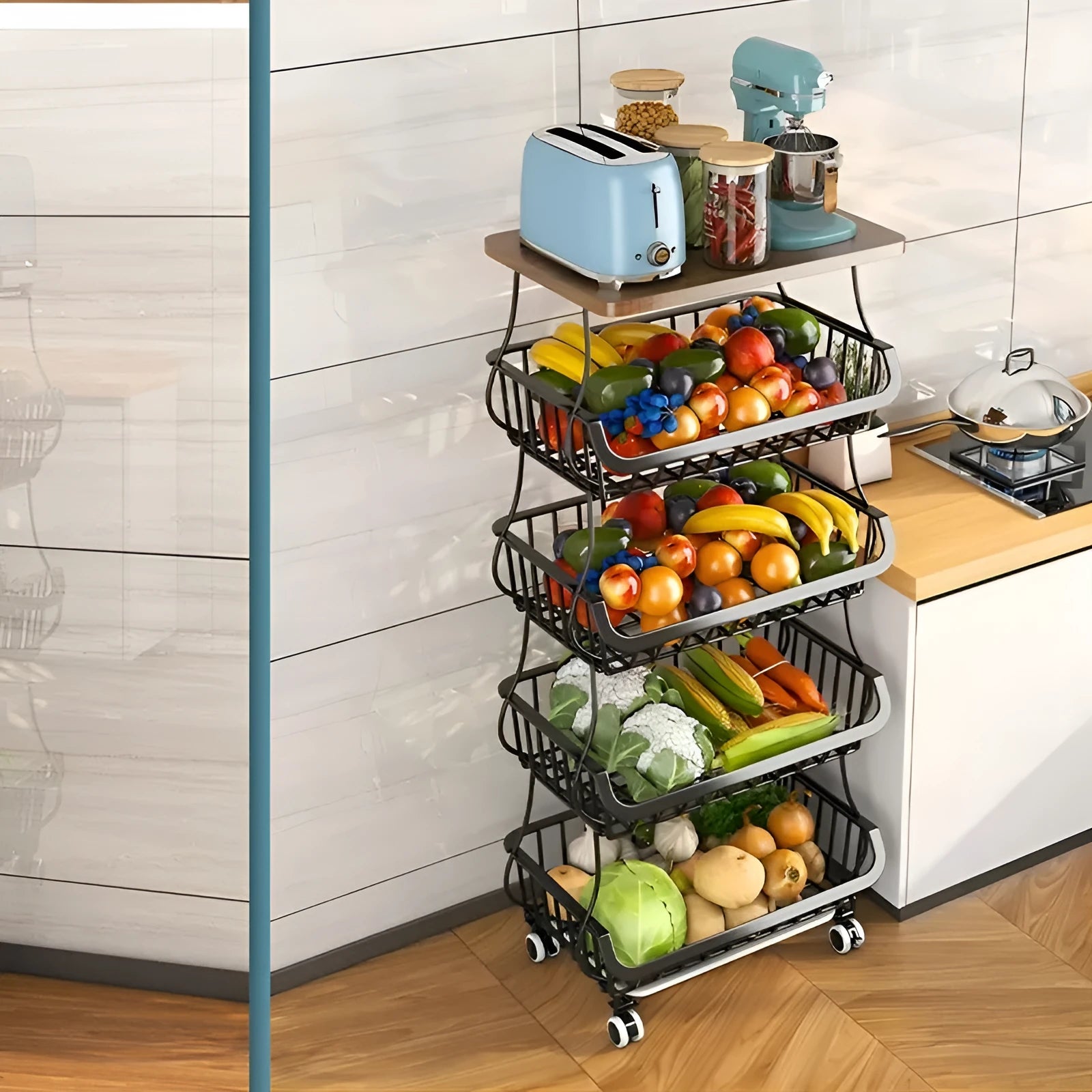 Black six layer freestanding kitchen storage rack with floor trolley base