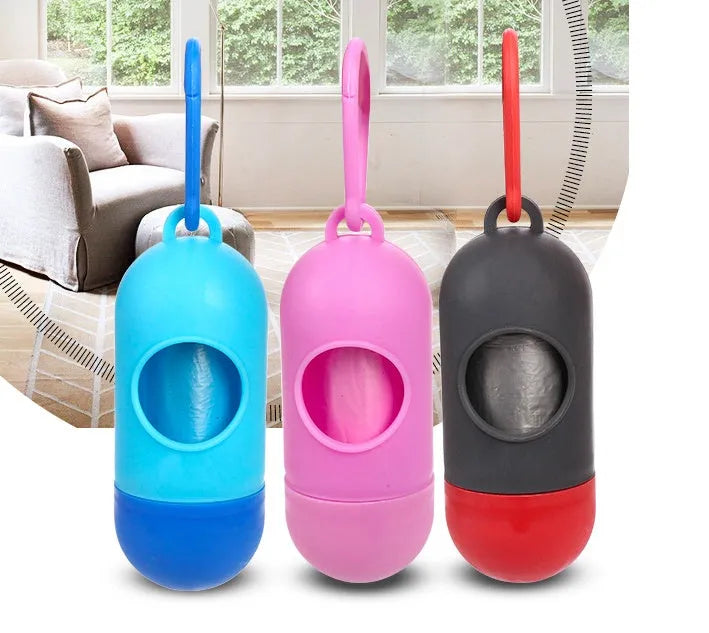 Roll of handled dog poop bags in assorted colours showing dimensions of 22.5 by 30 centimetres