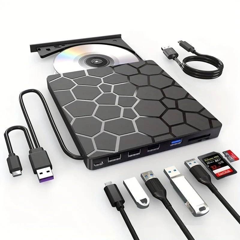 Black external USB CD/DVD drive with compact dimensions for computer optical disc reading and writing