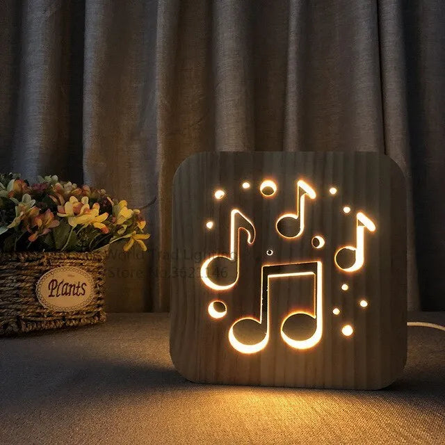 Pine wood USB-powered LED atmosphere light emitting warm white 3D glow.
