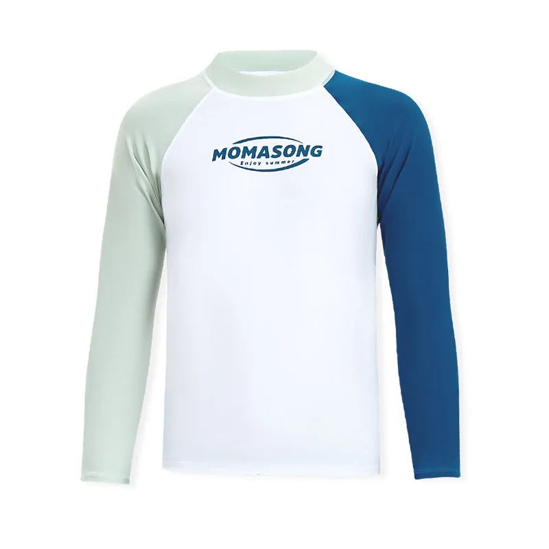 Men's white long-sleeved swim top with matching blue swimming trunks for beach sports.