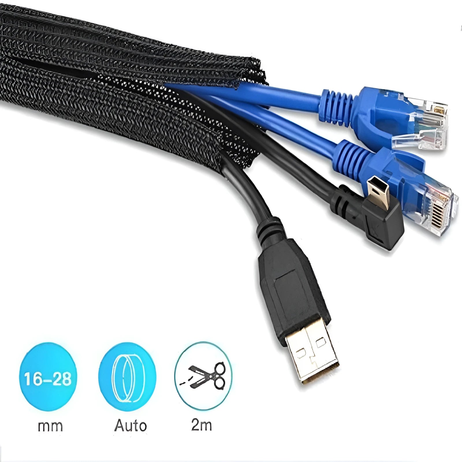 Black self-winding automotive wire protector sleeve showing expandable mesh construction for cable organisation