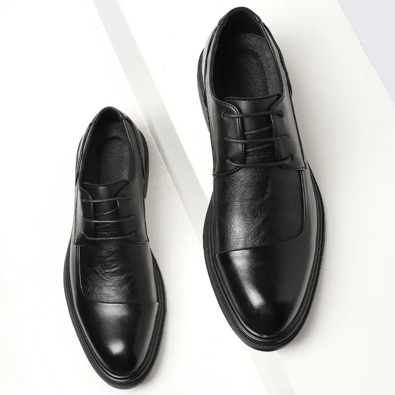 Men's pointed British style black dress shoes with rubber sole for formal wear