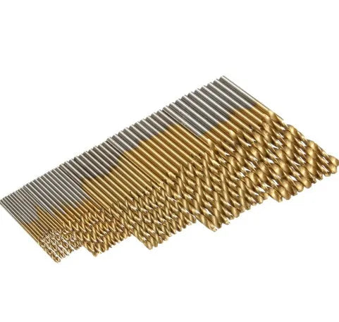 50-piece titanium-coated HSS steel drill bit set for metal and wood drilling applications