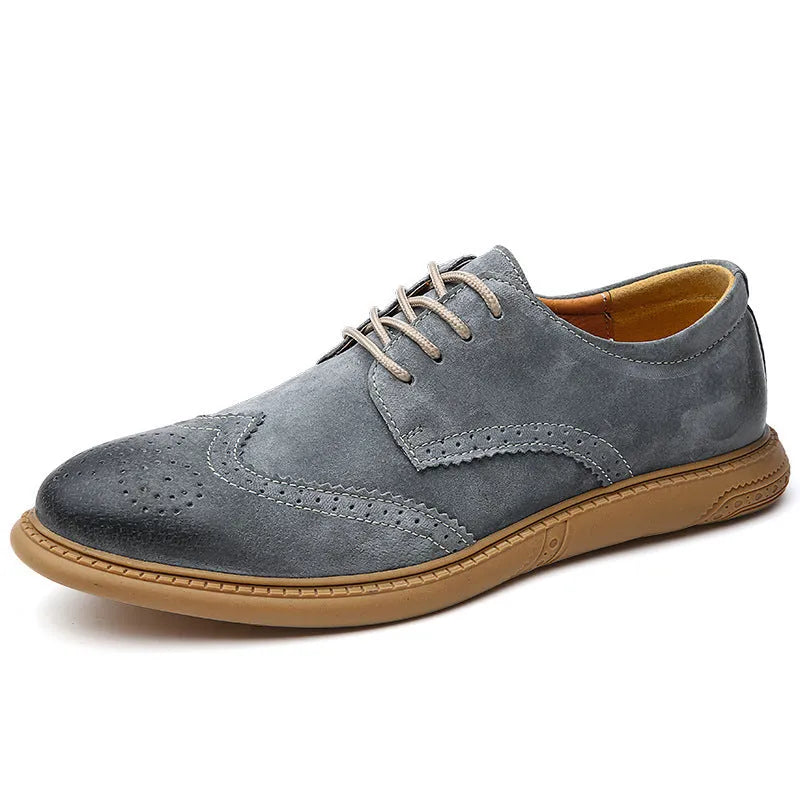 Men's black genuine leather lace-up business shoes with a low top and rubber sole.