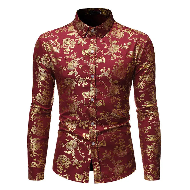Men's metal bronzing printed lapel shirt in polyester fabric with cardigan style and long sleeves