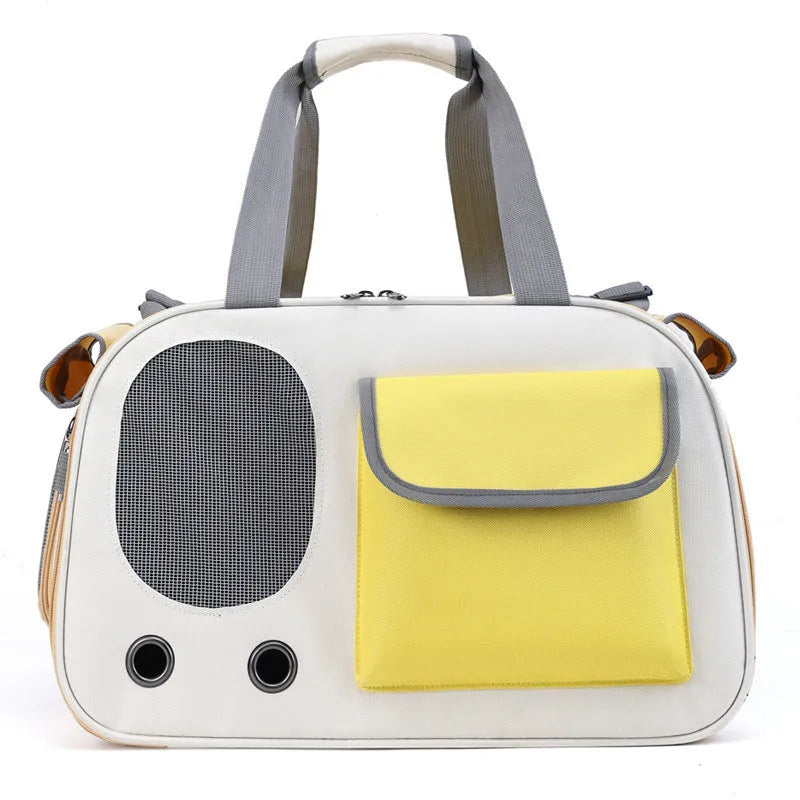 A foldable canvas pet shoulder bag in yellow colour, shown with a single strap.