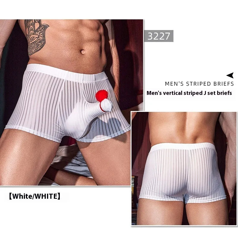 Men's black striped nylon boxer briefs shown flat, highlighting vertical pattern and elastic waistband.
