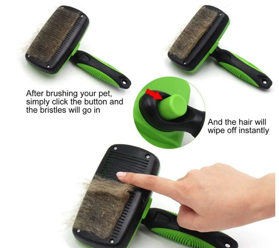 Pet self-cleaning slicker brush with stainless steel needles, green handle, on white background