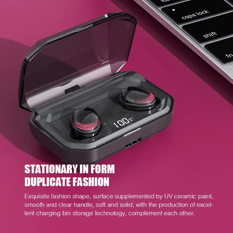 Black X10 wireless Bluetooth headset with its compact rectangular charging case.