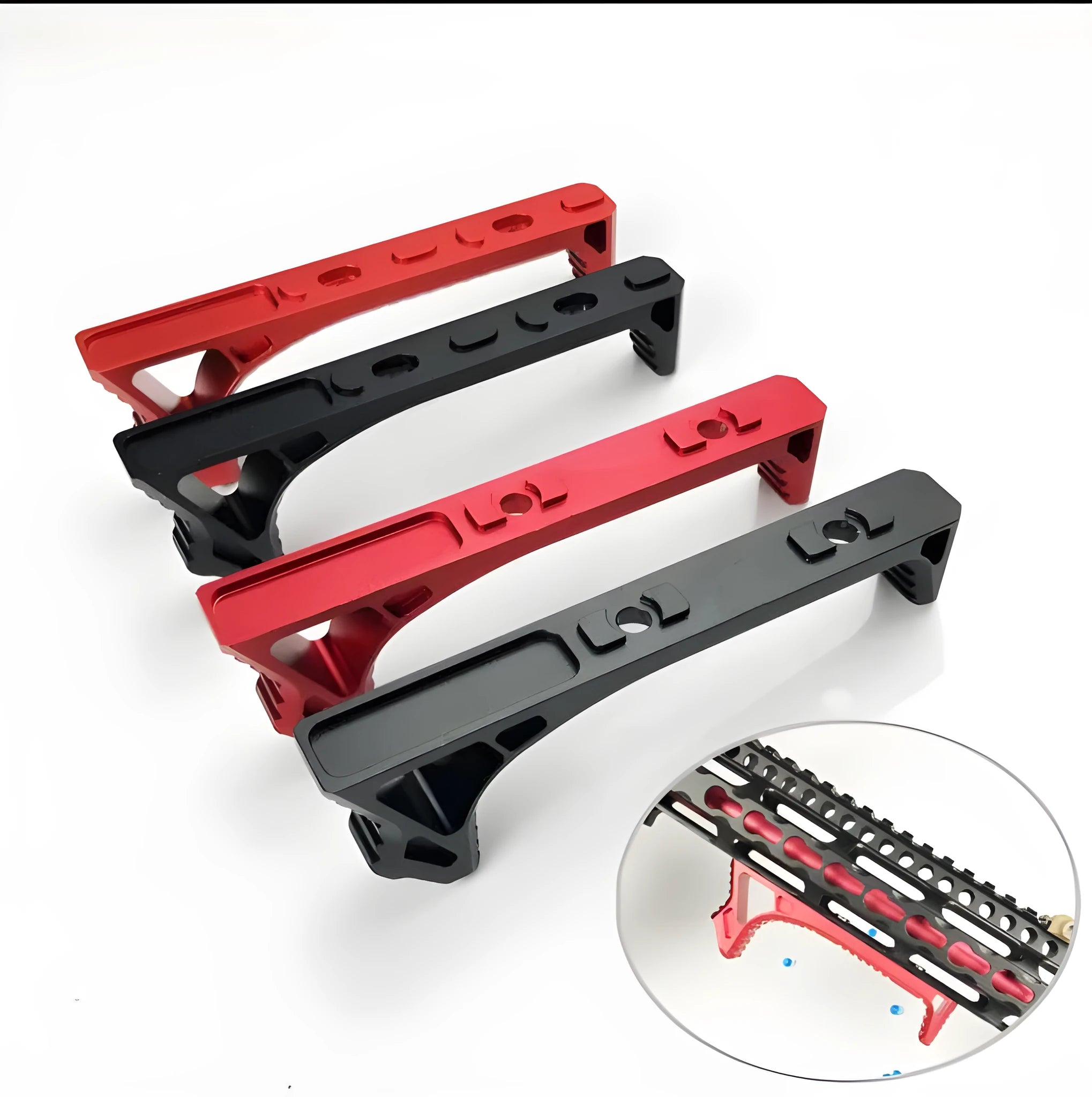 Metal hand stop in black for KEY-MOD handguard, side view showing mounting slots