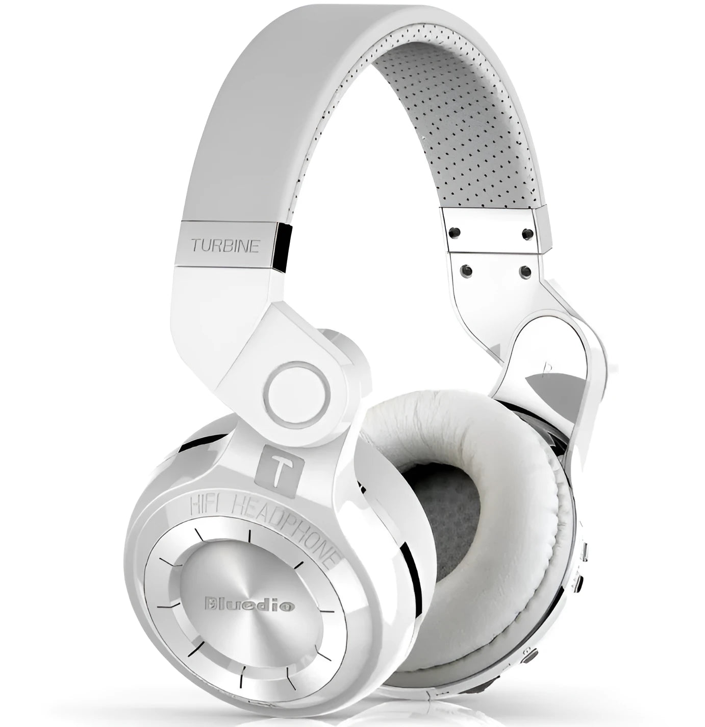 Blue String T2 black and white foldable over-ear Bluetooth headphones with a detachable cable.
