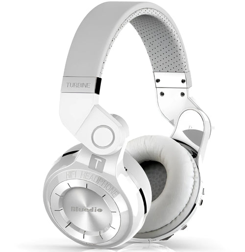 Blue String T2 black and white foldable over-ear Bluetooth headphones with a detachable cable.