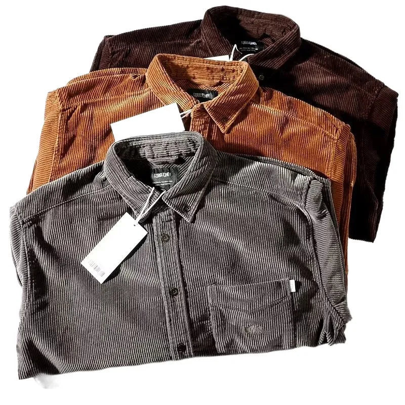 Caramel corduroy Hong Kong style loose fit cardigan shirt on hanger