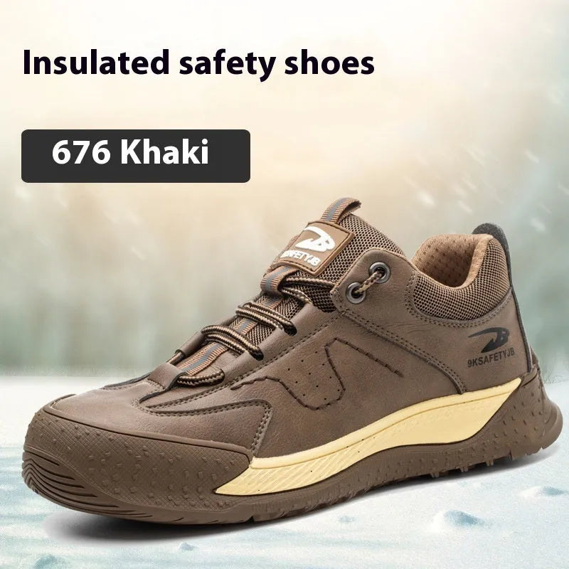 Leather safety work shoes with rubber soles in black, brown, grey, and khaki colours available in sizes 36-46