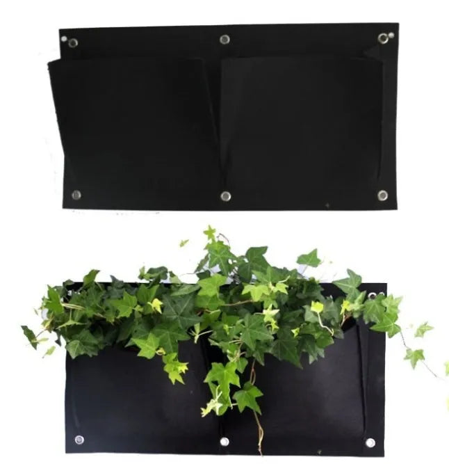 Vertical felt wall garden planter with 18 planting pockets hanging on outdoor wall