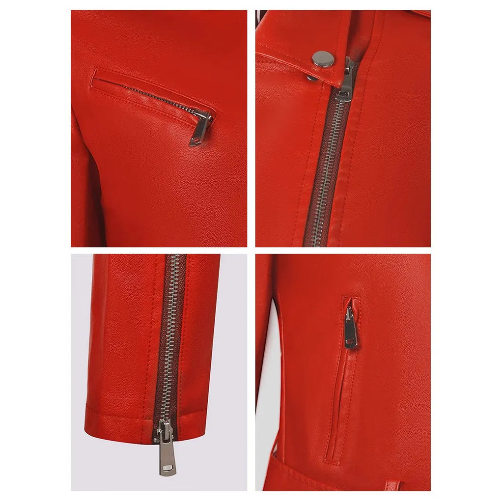 Women's black PU imitation leather motorcycle jacket with short lapel and waist belt