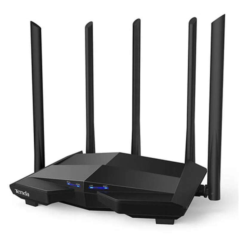 Black AC11 wireless router showing gigabit ports, with UK plug style.