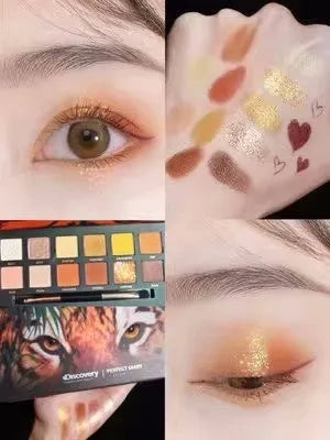 Explorer twelve-colour animal eye shadow palette showing golden tiger, red fox, and spotted tiger designs