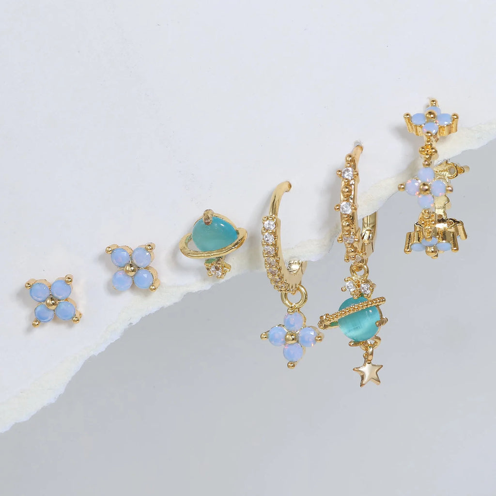 Gold and silver flower stud earrings with blue zircon mosaic accents in Japanese Korean style