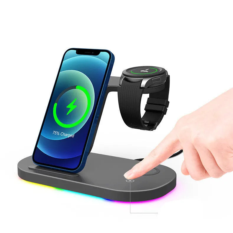 Three-in-one fast wireless charger in ice crystal white, ABS material, 174.2x113.5x100.5mm