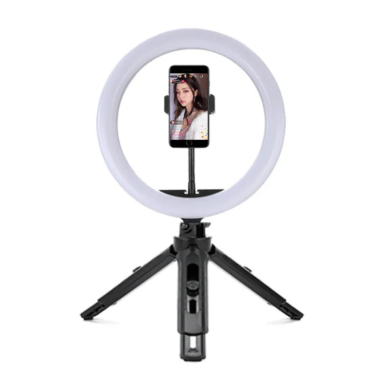 10-inch ring selfie light on 19cm adjustable metal stand with smartphone attached